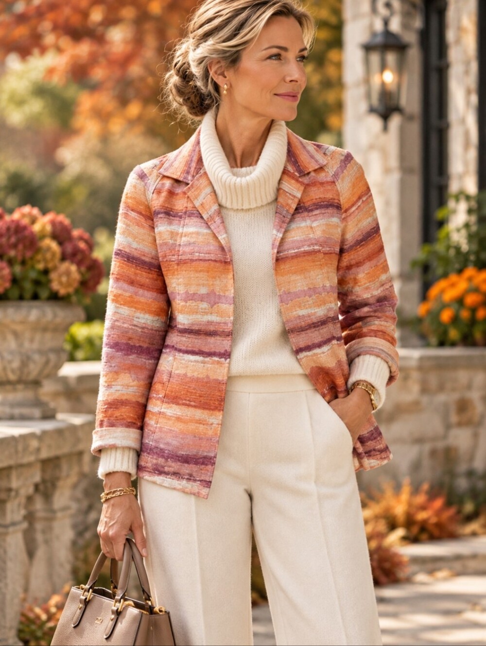 Chico's Linen Blend Sunset Stripe Orange Yellow Open Front Blazer Jacket Sz M